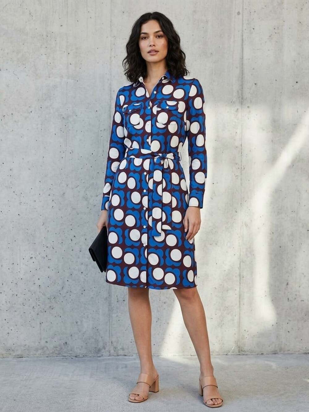 J.McLaughlin Blue Brown White Geometric Print Long Sleeve Midi Shirt Dress XS